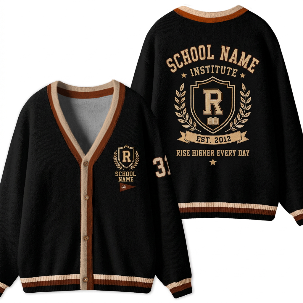 Personalized School Name Crest Est Year Slogan Teacher Ugly Cardigan Sweater