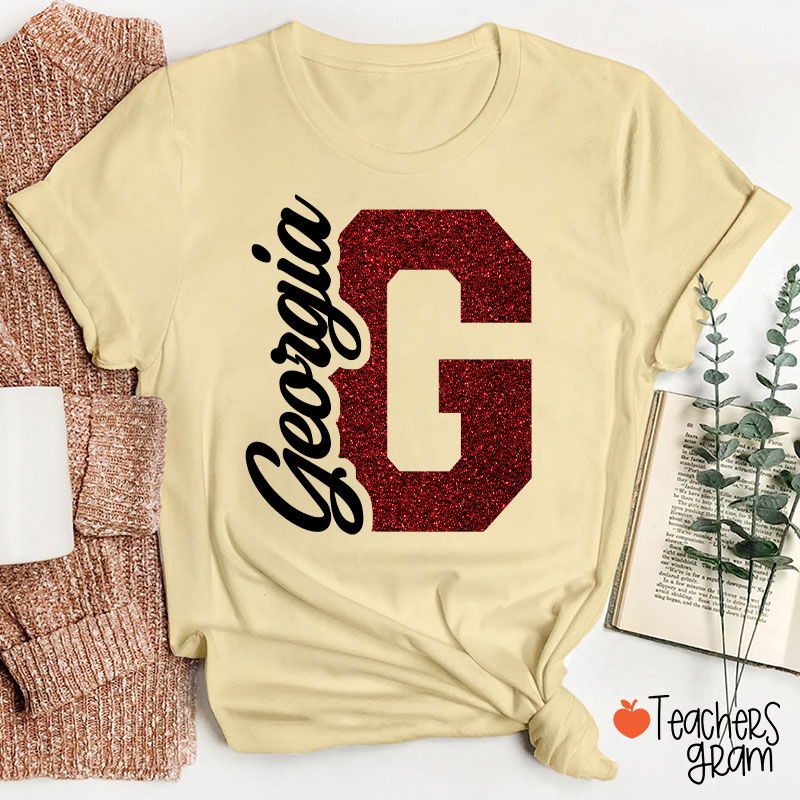 Personalized Mascot Initial Glitter Print Puff Printed Teacher T‑Shirt