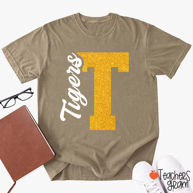 Personalized Mascot Initial Glitter Print Puff Printed Teacher T‑Shirt