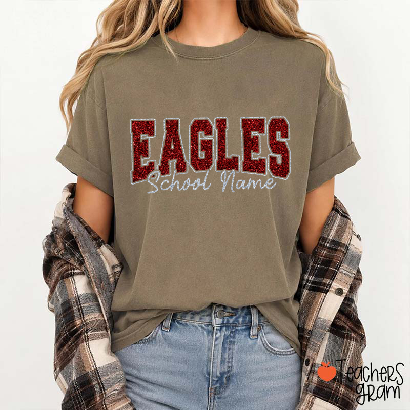 Personalized Mascot School Name Glitter Teacher T‑Shirt