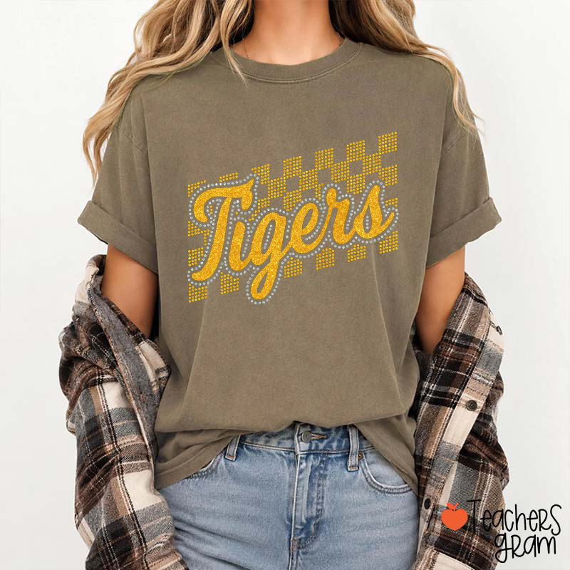 Personalized Mascot Glitter Checkered Script Teacher T‑Shirt