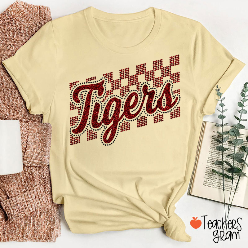 Personalized Mascot Glitter Checkered Script Teacher T‑Shirt