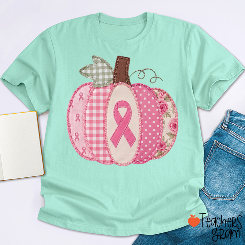 Pink Faux Patchwork Pumpkin Ribbon Teacher T‑Shirt