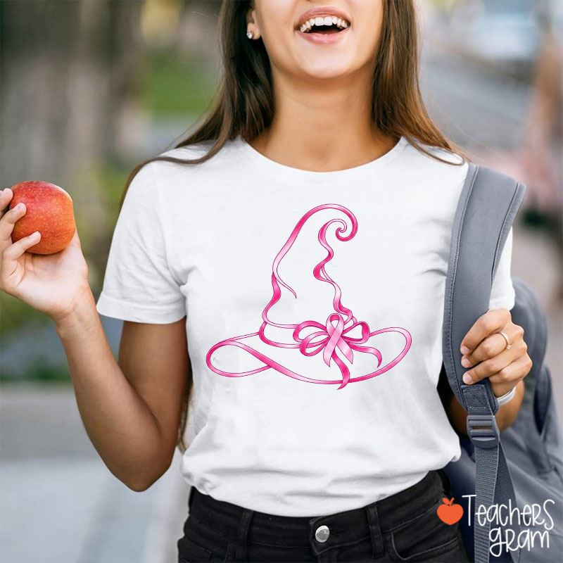 Halloween Witch Hat Pink Ribbon Breast Cancer Support Teacher T‑Shirt
