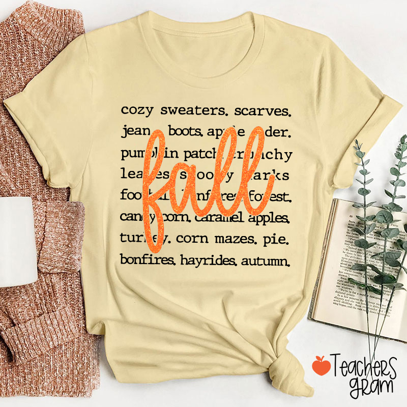 Glitter Fall Autumn Word List Teacher T‑Shirt