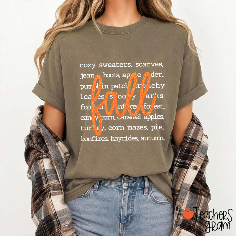 Glitter Fall Autumn Word List Teacher T‑Shirt