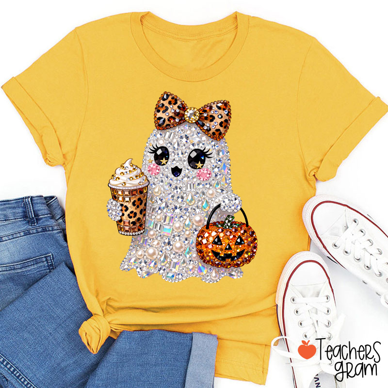 Faux Rhinestone Ghost Leopard Bow Coffee Pumpkin Teacher T-Shirt