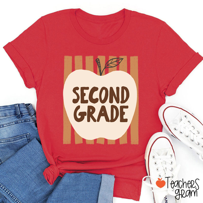 Personalized Grade Heart Apple Vertical Stripe Teacher T-Shirt