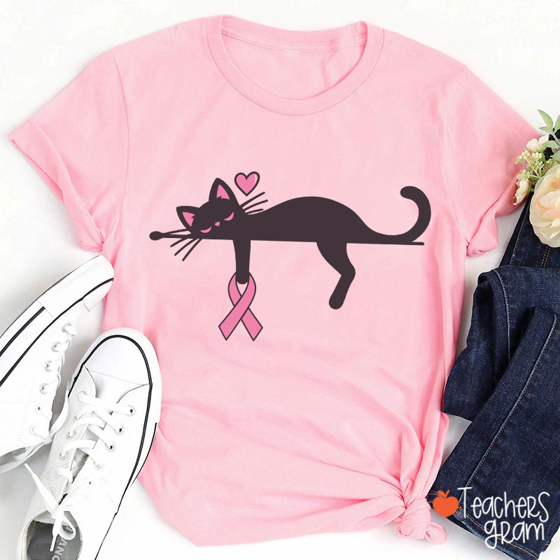 Black Cat With Pink Ribbon Awareness Teacher T-Shirt