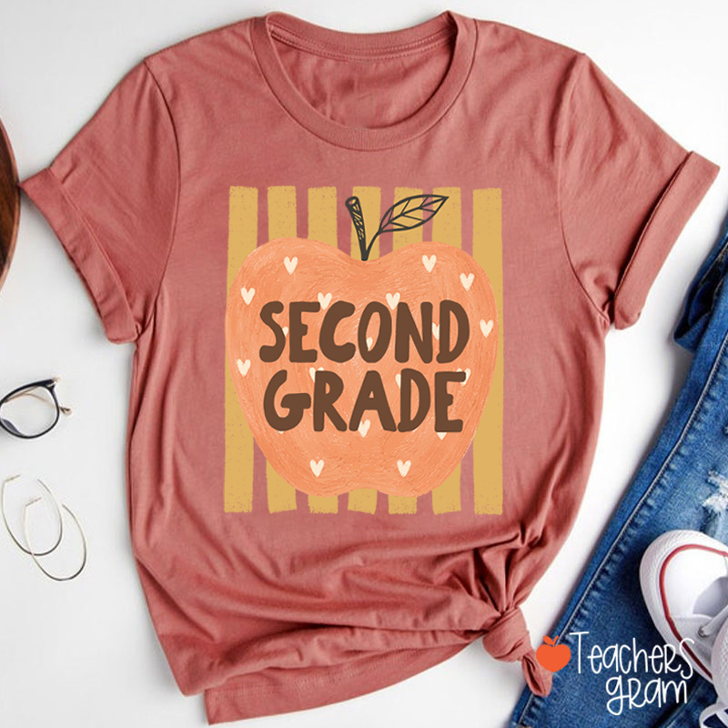 Personalized Grade Heart Apple Vertical Stripe Teacher T-Shirt
