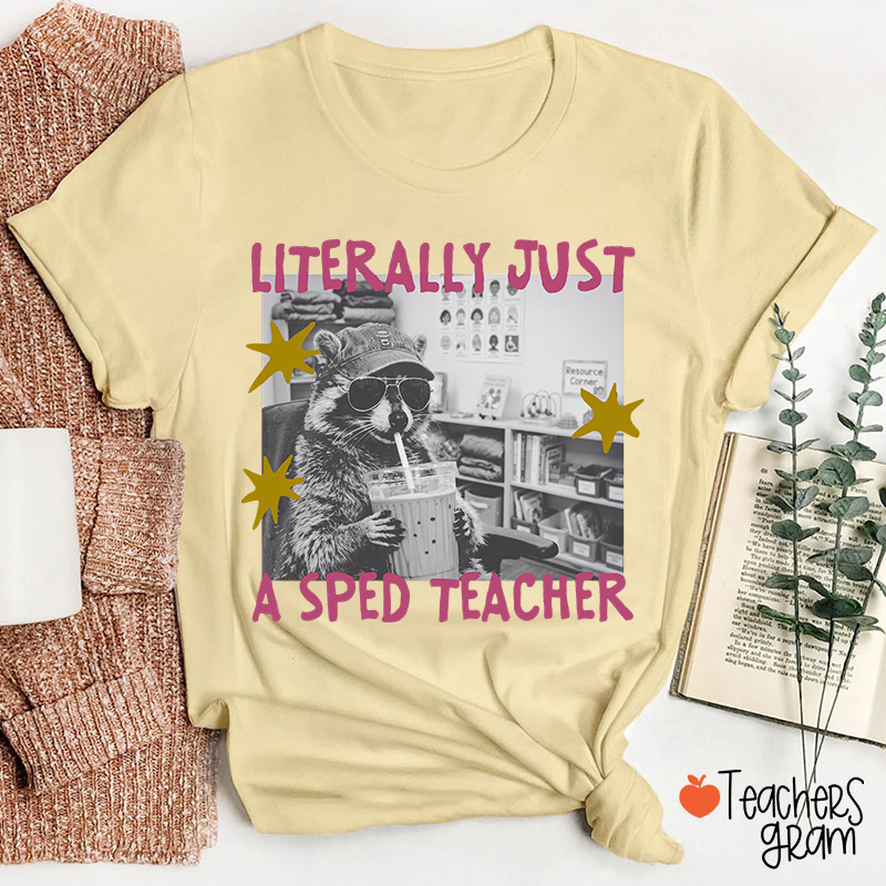 Literally Just A SPED Teacher Raccoon Bubble Tea Teacher T-Shirt