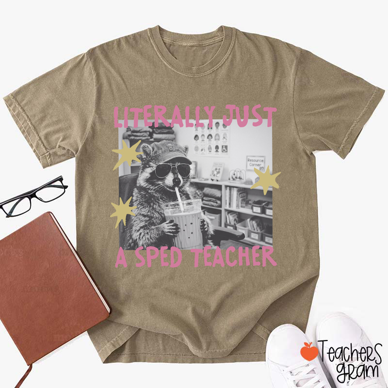 Literally Just A SPED Teacher Raccoon Bubble Tea Teacher T-Shirt