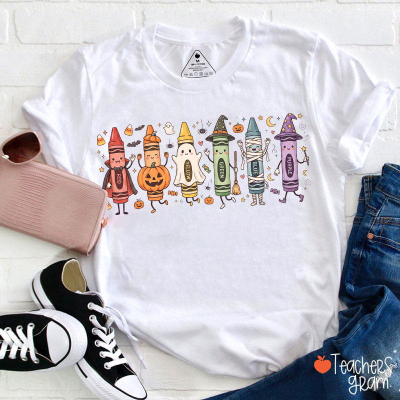 Halloween Cartoon Crayons Character Teacher T-Shirt-Teachersgram