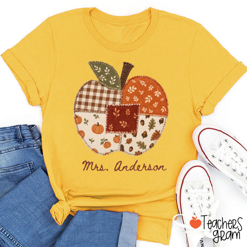 Personalized Name Faux Patchwork Punkpkin Teacher T-Shirt