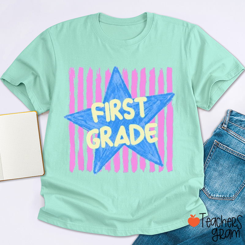 Personalized Grade Stripe Star Pattern Teacher T-Shirt