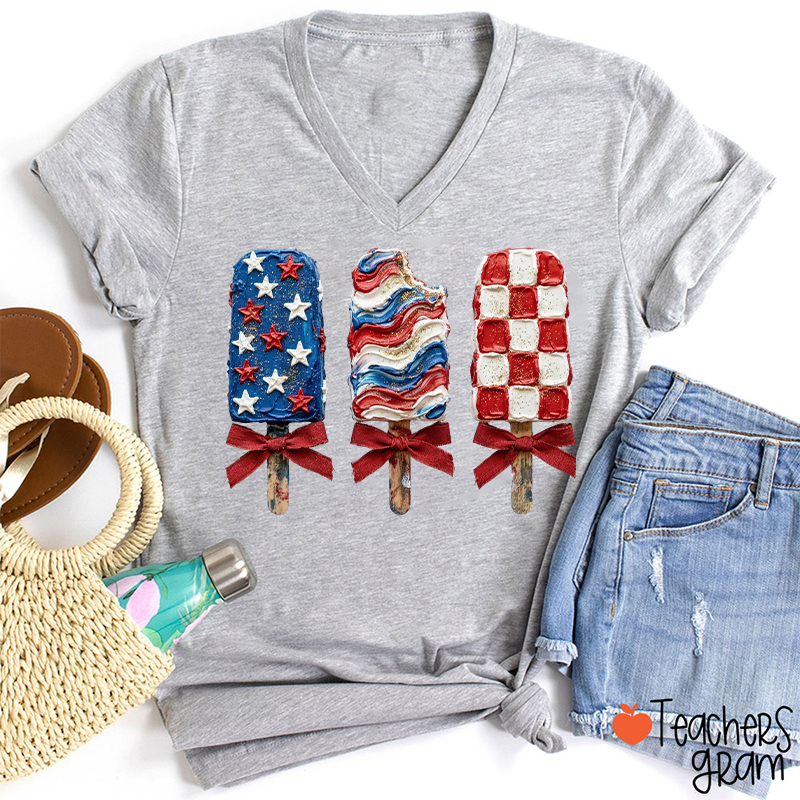 Patriotic Popsicle Teacher Female V-Neck T-Shirt