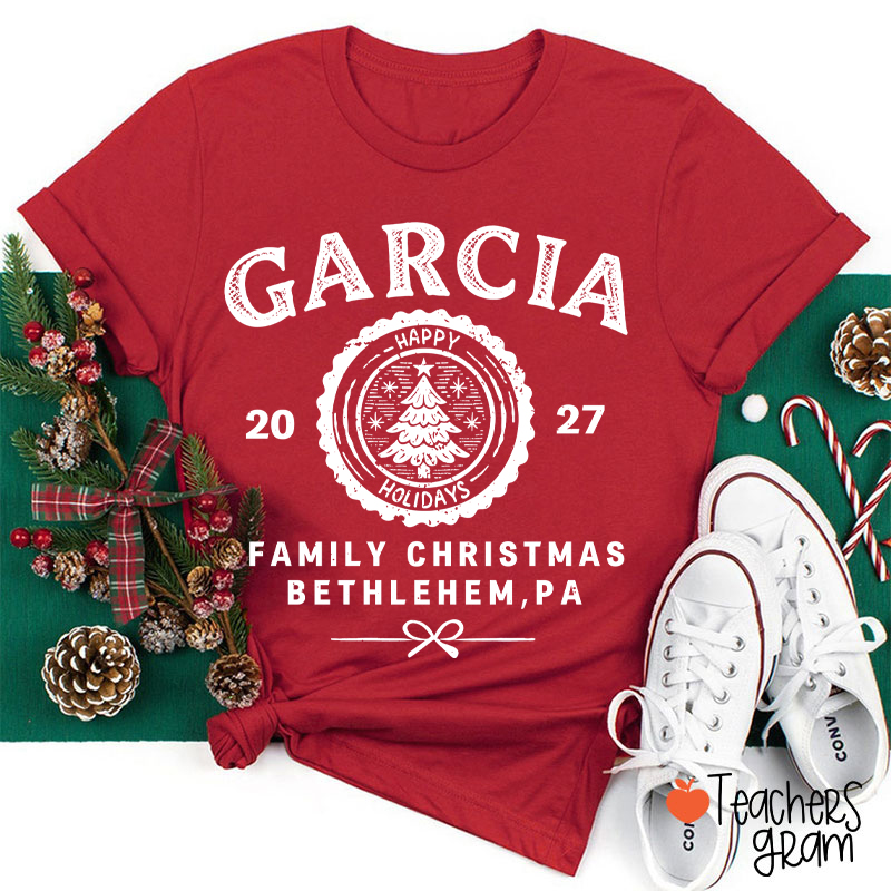 Personalized Vintage Family Christmas Crest Teacher T-Shirt