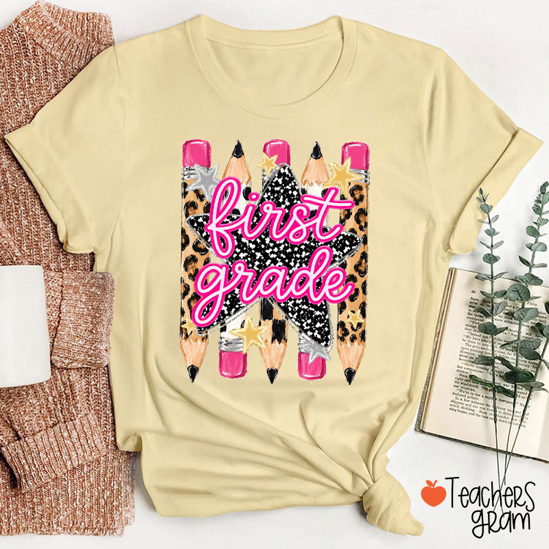 Personalized Grade Name Leopard Star Pencil Teacher T-Shirt