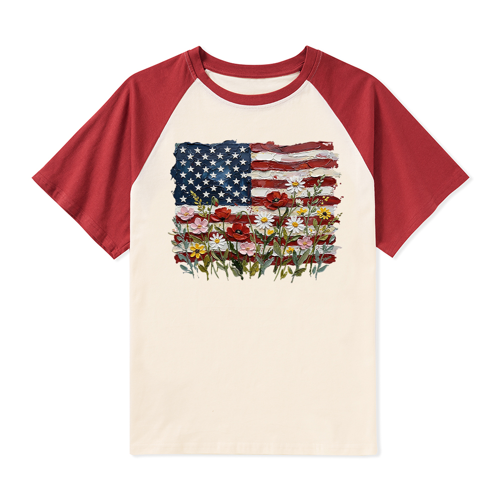 American Flag Floral Teacher Raglan T-Shirt
