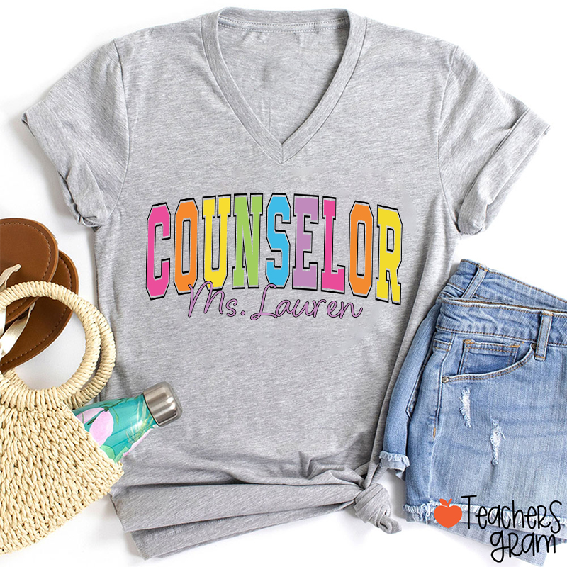 Personalized Name Grade Color Teacher Female V-Neck T-Shirt