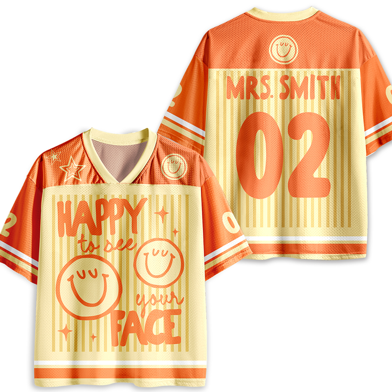 Personalized Name Two Sided Smiley Face Striped Jersey Teacher T-Shirt