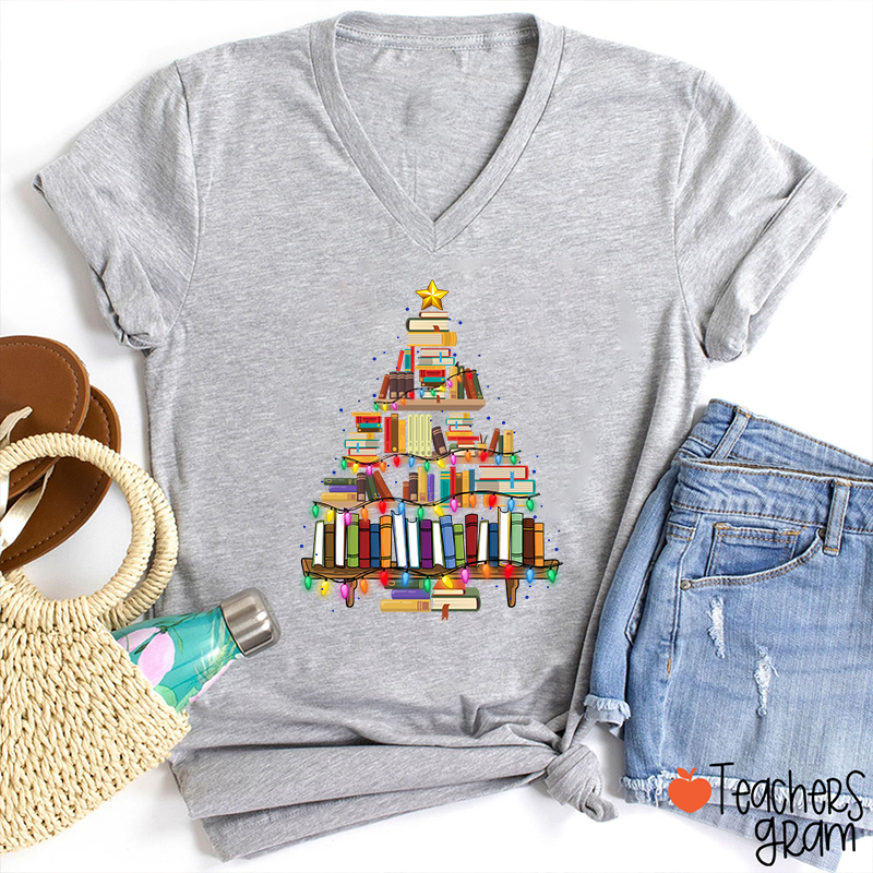 Book Christmas Tree Teacher Female V-Neck T-Shirt