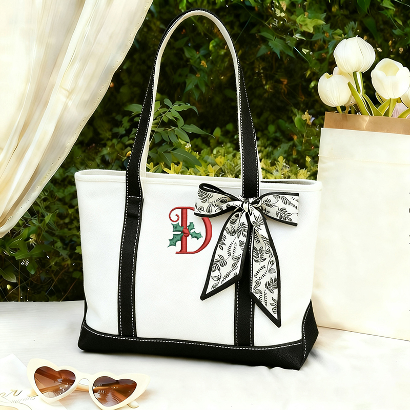 Personalized Letter Christmas Vibe Teacher Canvas Tote Bag