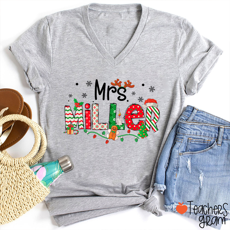Personalized Teacher Name Christmas Teacher Female V-Neck T-Shirt