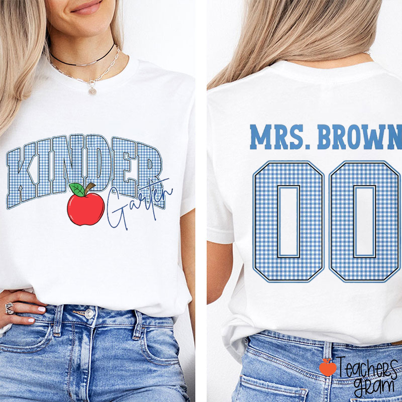Personalized Grade And Name Checkered Letter Apple Teacher Two Sided T-Shirt