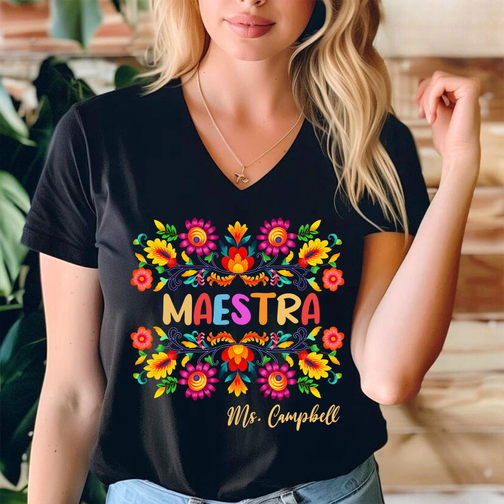 Personalized Name Maestra Teacher Female V-Neck T-Shirt
