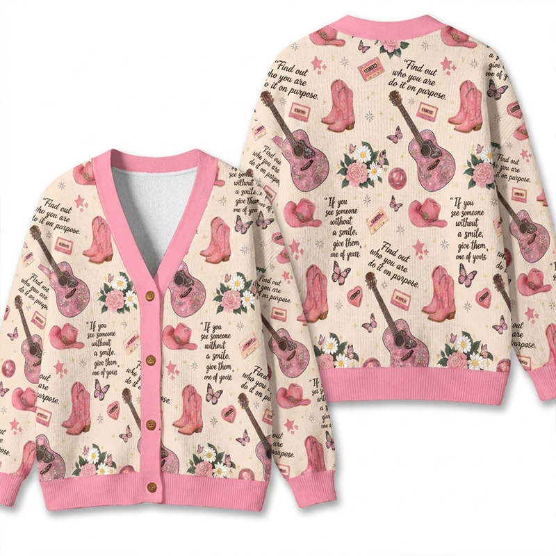 Western Cowgirl Pink Guitar Floral Butterfly Pattern Teacher Ugly Cardigan Sweaters