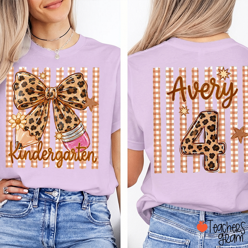 Personalized Grade And Name Leopard Bow Pencil Gingham Teacher Two Sided T-Shirt