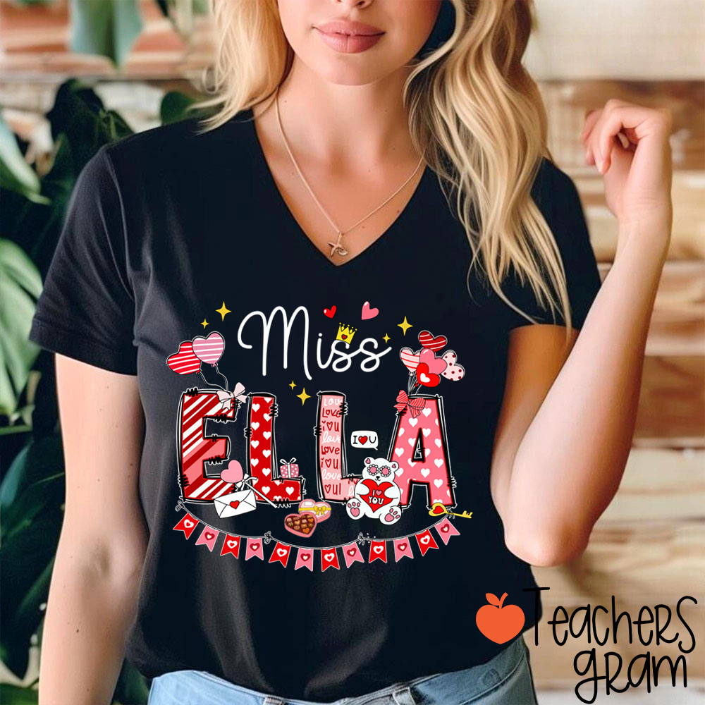 Personalized Valentines Day Teacher Female V-Neck T-Shirt
