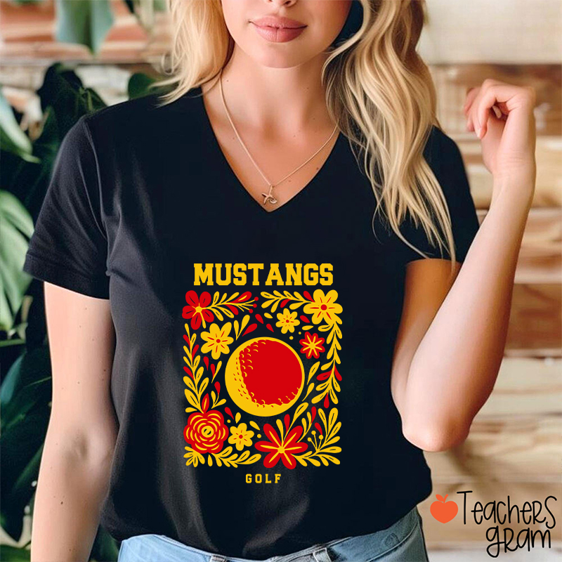 Personalized Mascot And Sport Flowers Teacher Female V-Neck T-Shirt