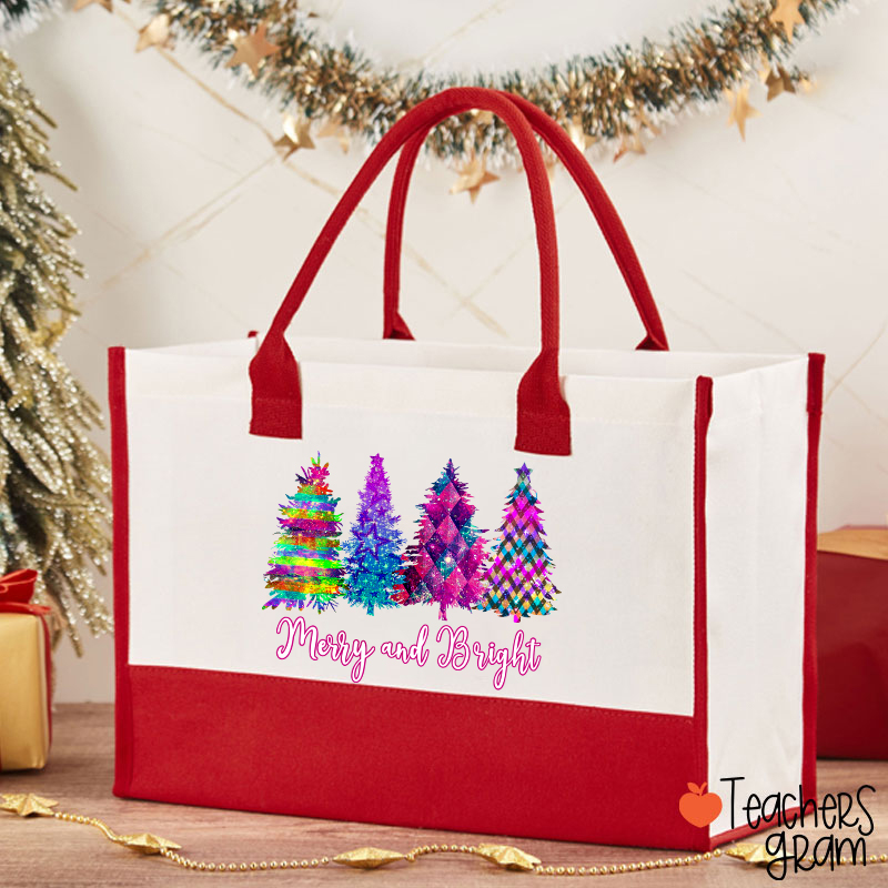 Merry And Bright Colorful Christmas Tree Teacher Cotton Tote Bag
