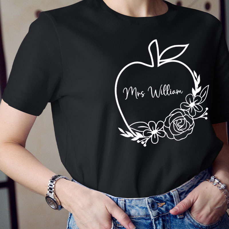 Personalized Name Apple Flower Print Teacher T-Shirt