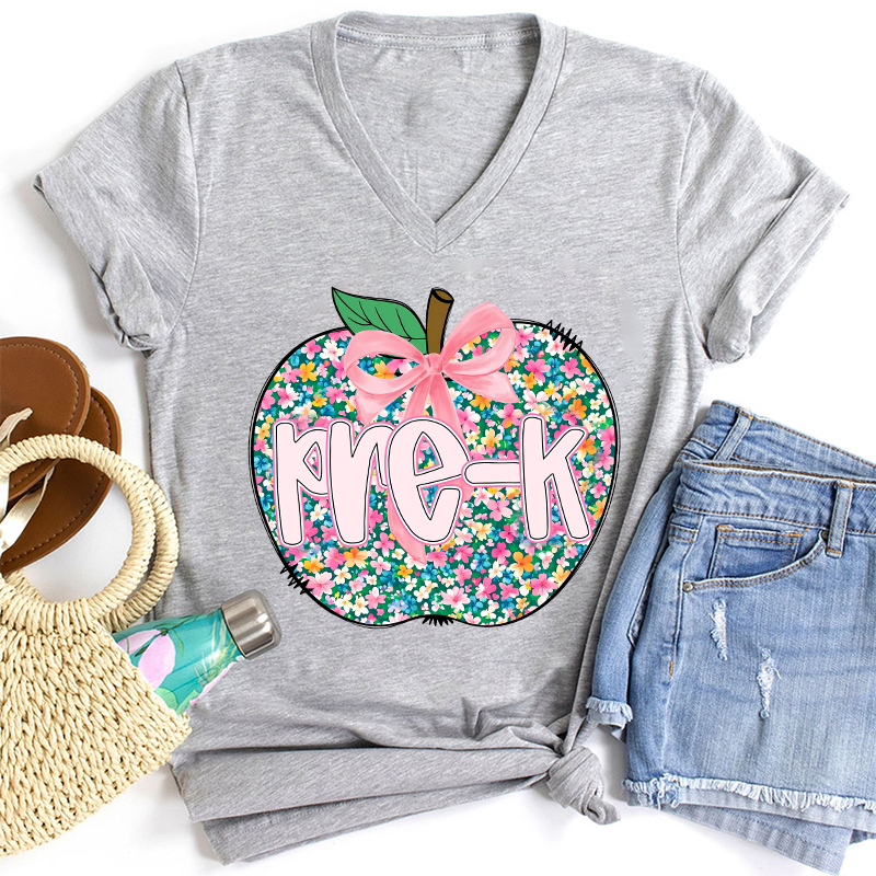 Personalized Grade Flowers Apple Teacher Female V-Neck T-Shirt