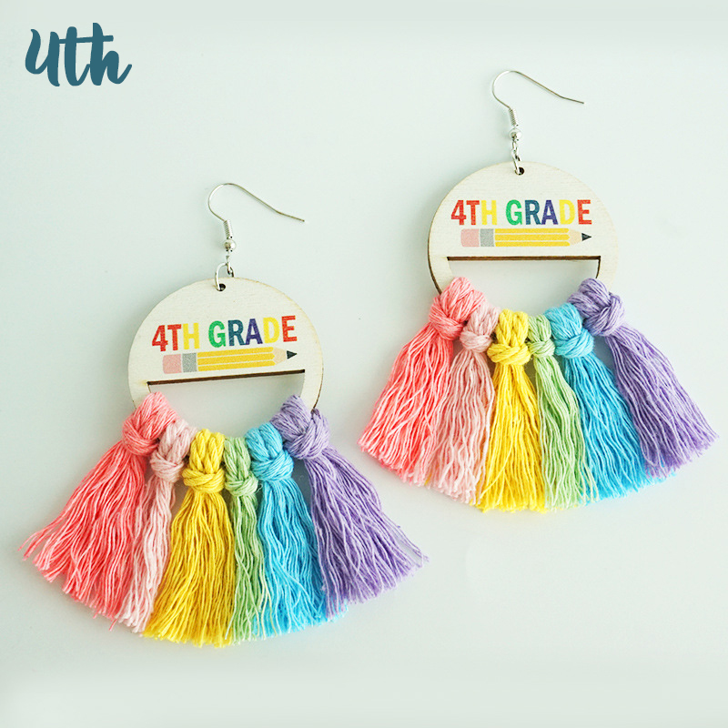 Grade Tassel Rainbow Teacher Wooden Earrings