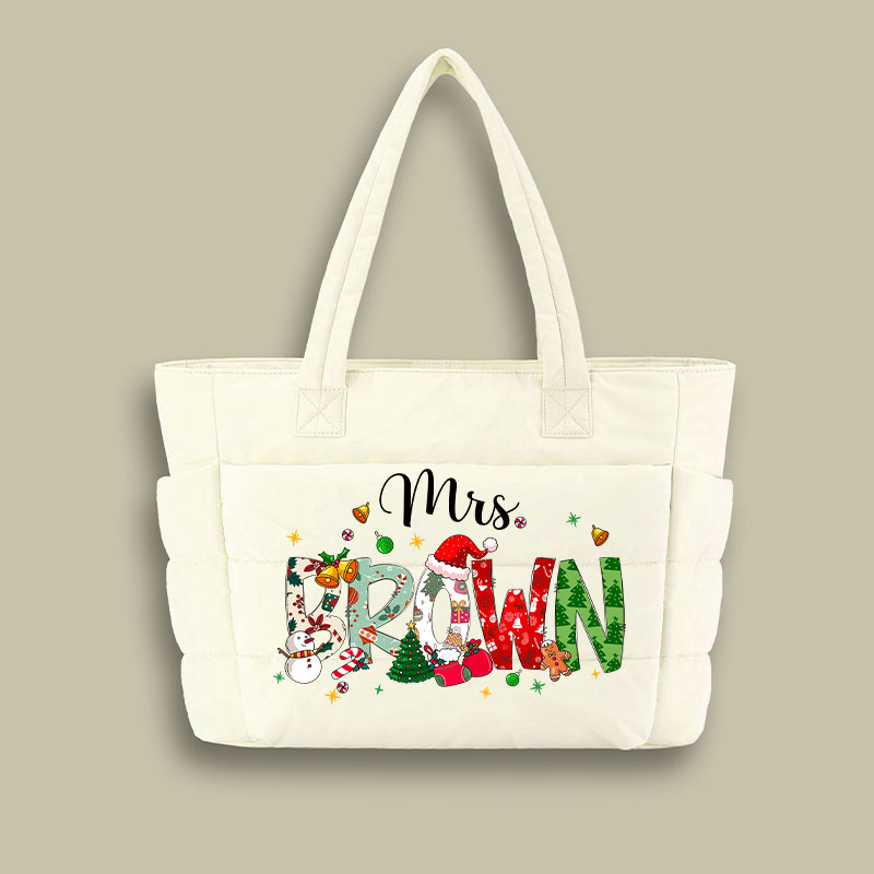 Personalized Name Christmas Atmosphere Teacher Puffy Tote Bag