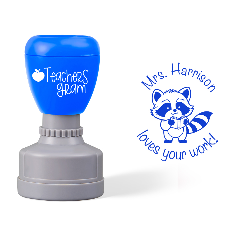 Personalized Name Loves Your Work Raccoon Teacher Stamp
