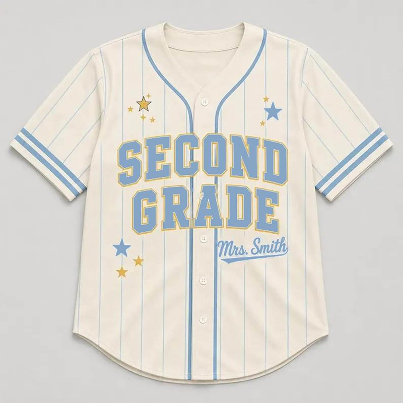Personalized Grade And Name Preppy Pinstripe Star First Day Teacher Baseball Jersey