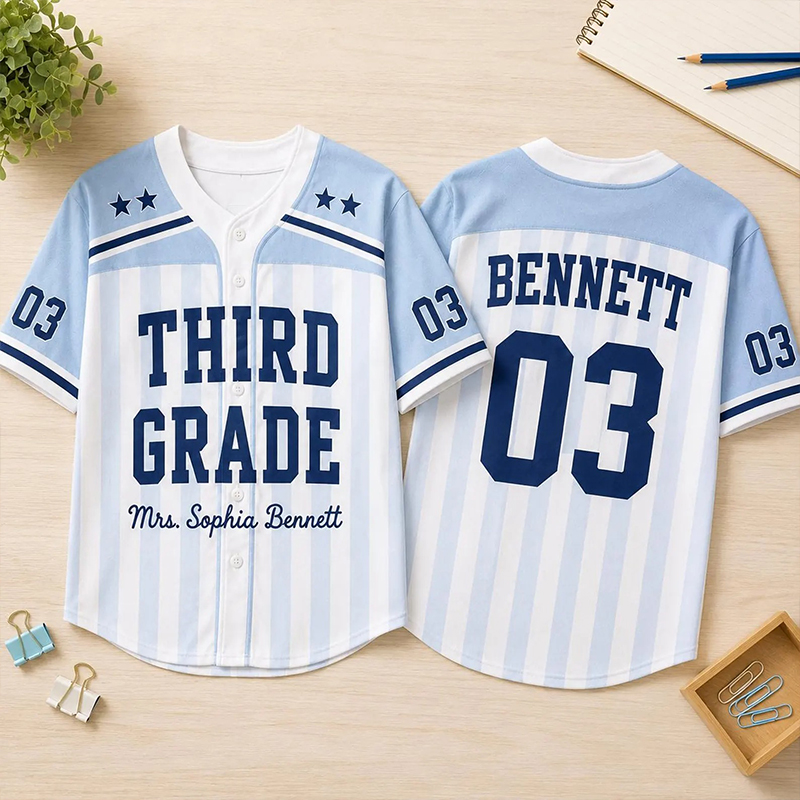 Personalized Grade And Name Vertical Stripe Star Number Teacher Baseball Jersey