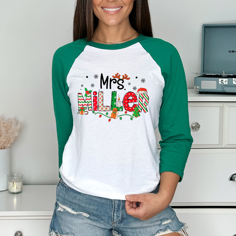 Personalized Teacher Name Christmas Teacher Raglan Long Sleeve T-Shirt