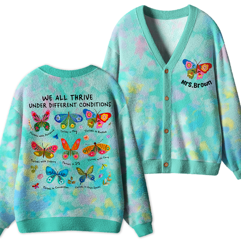 Personalized Name We All Thrive Under Different Conditions Teacher Ugly Cardigan Sweaters