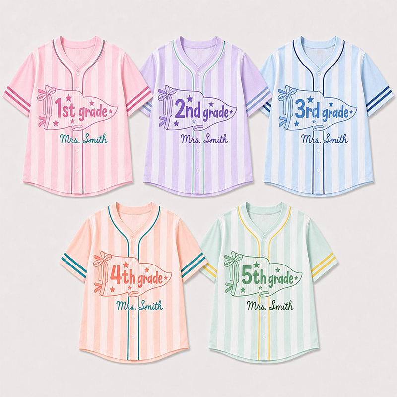 Personalized Grade And Name Preppy Pastel Stripes Pennant First Day Teacher Baseball Jersey