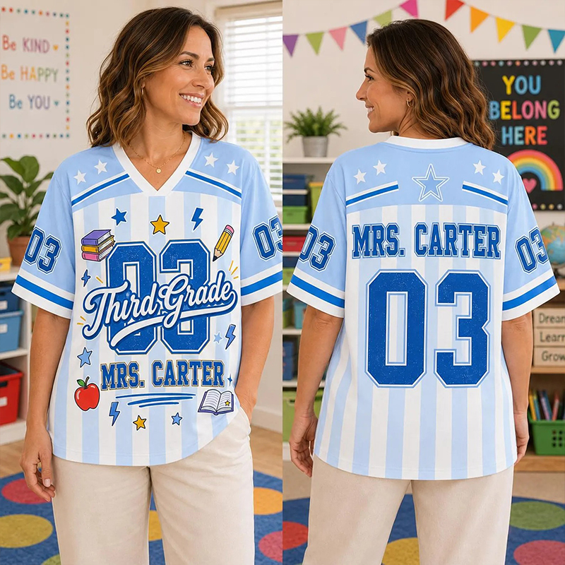 Personalized Grade Name Pastel Stripe Teacher Mesh Jersey