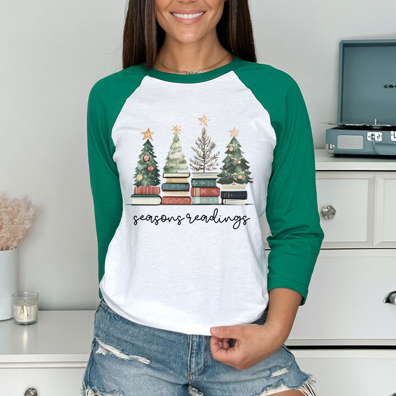 Bookish Christmas Seasons Readings Teacher Raglan Long Sleeve T-Shirt