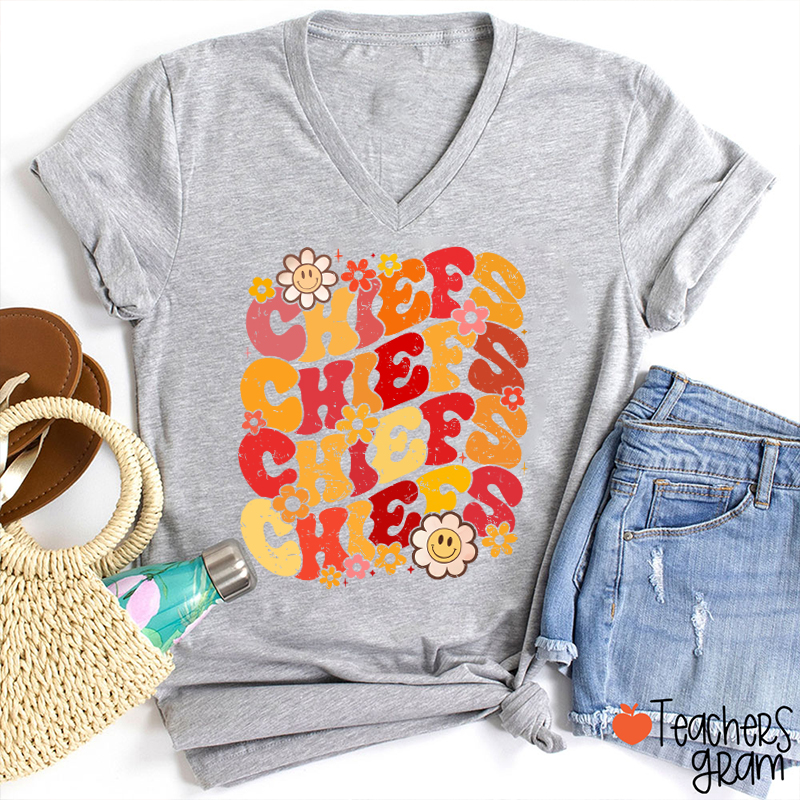 Personalized Mascot Game Day Flowers Teacher Female V-Neck T-Shirt