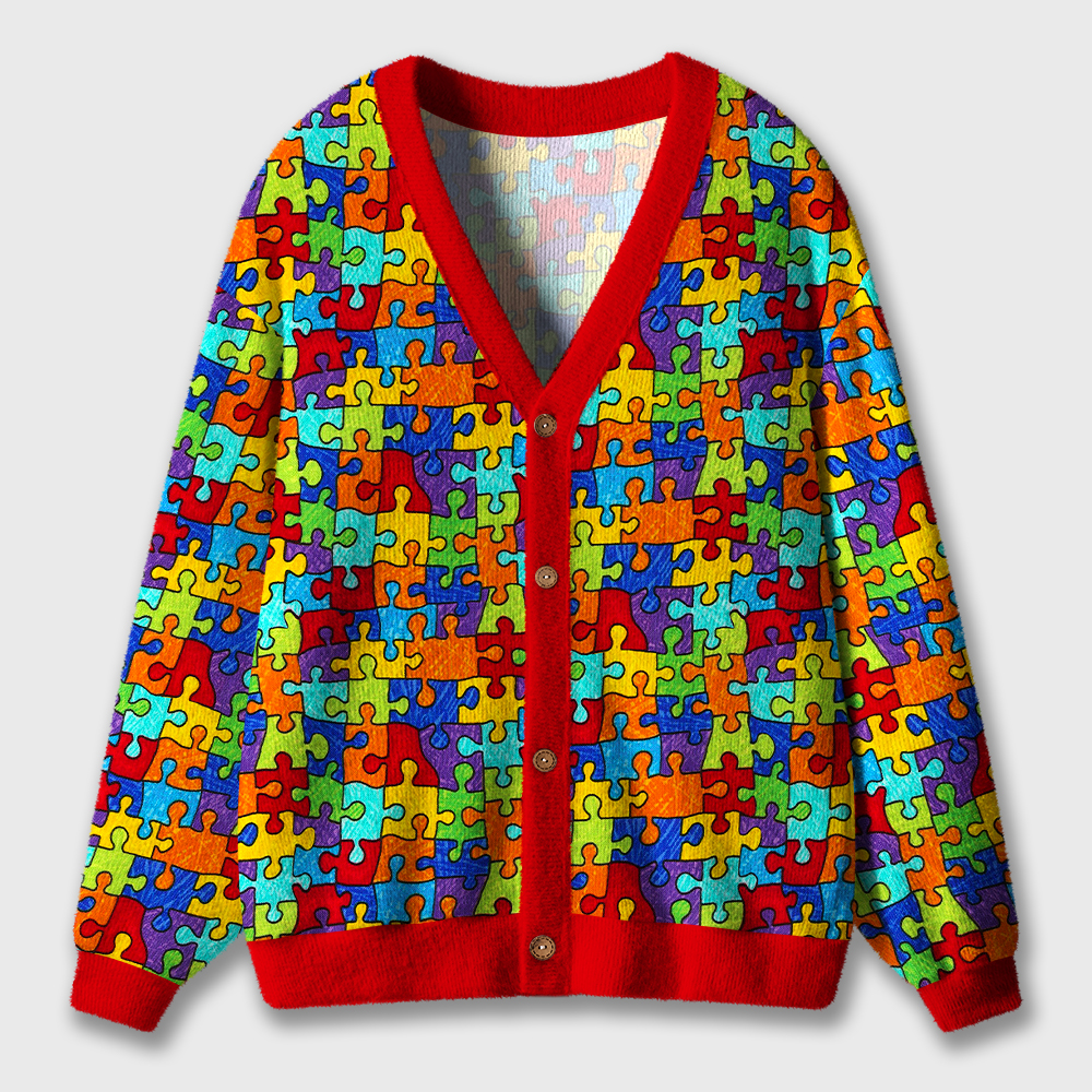 Colorful Puzzle Teacher Ugly Cardigan Sweaters