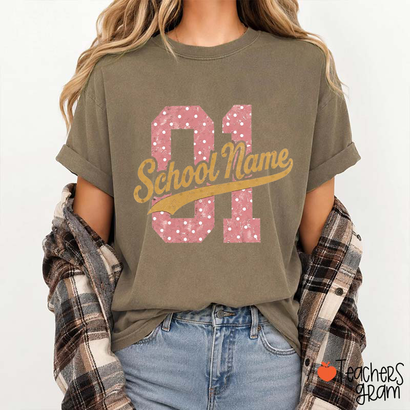 Personalized School Name Vintage Number Polka Dot Teacher T‑Shirt